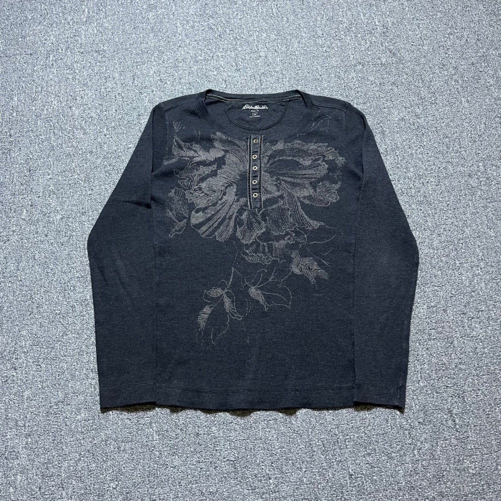 Eddie Bauer Henley Top Size M Black Floral Waffle Knit Thermal Long Sleeve